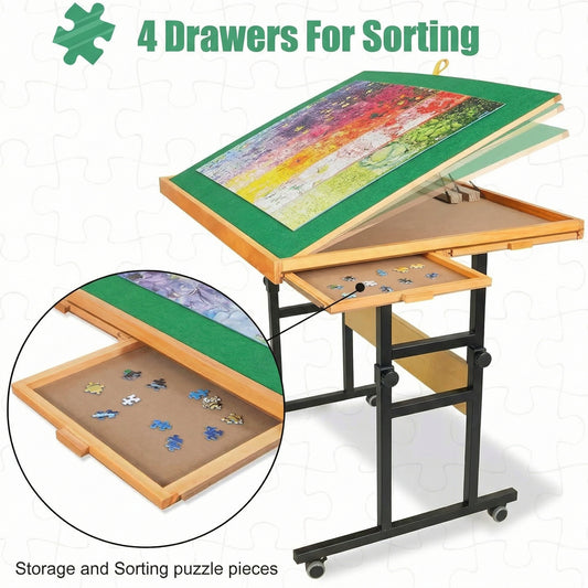 Adjustable Jigsaw Puzzle Table with Tilted Work Surface – 45° Angle Puzzle Desk with 4 Sorting Drawers & 2 Storage Boxes – Rolling Puzzle Table with Non-Slip Felt Top & Protective Cover