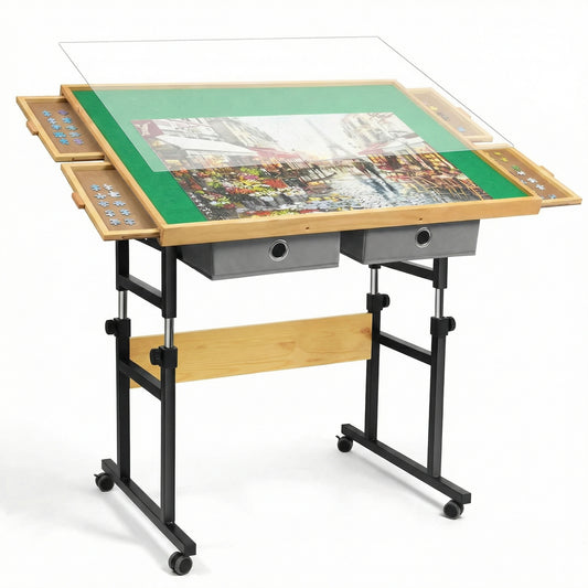 Adjustable Jigsaw Puzzle Table with Tilted Work Surface – 45° Angle Puzzle Desk with 4 Sorting Drawers & 2 Storage Boxes – Rolling Puzzle Table with Non-Slip Felt Top & Protective Cover
